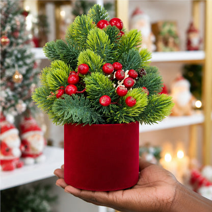 Potted Tabletop Mini Christmas Tree with Red Berries & Velvet Planter – handheld size and scale view