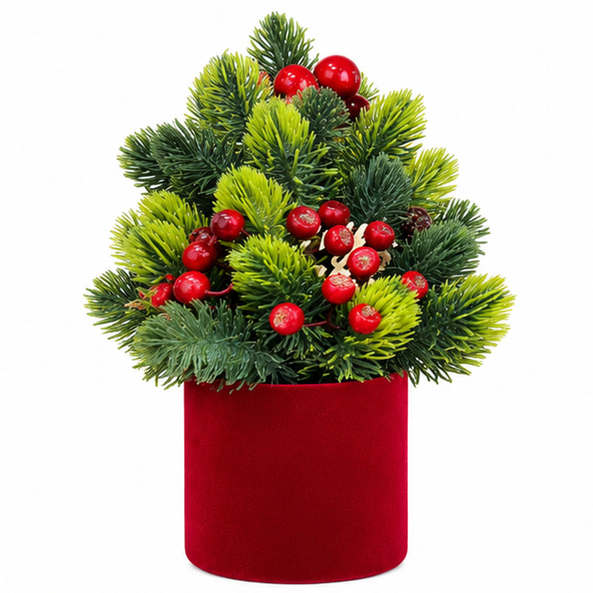 Potted Tabletop Mini Christmas Tree with Red Berries & Velvet Planter – front view on white background