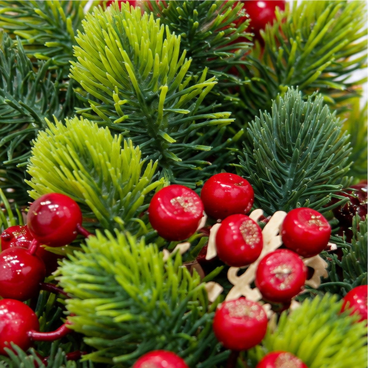 Potted Tabletop Mini Christmas Tree with Red Berries & Velvet Planter – red berries and pine needles closeup