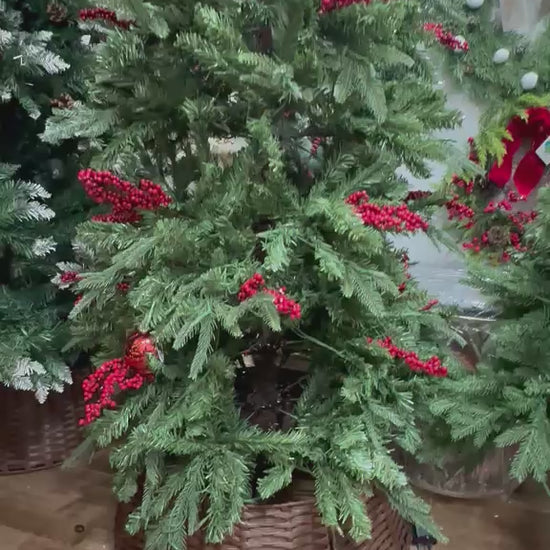 7ft Slim LED Christmas Tree with Red Berries & Wicker Basket – product showcase video 1
