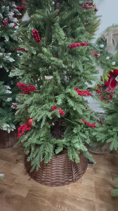 7ft Slim LED Christmas Tree with Red Berries & Wicker Basket – product showcase video 1