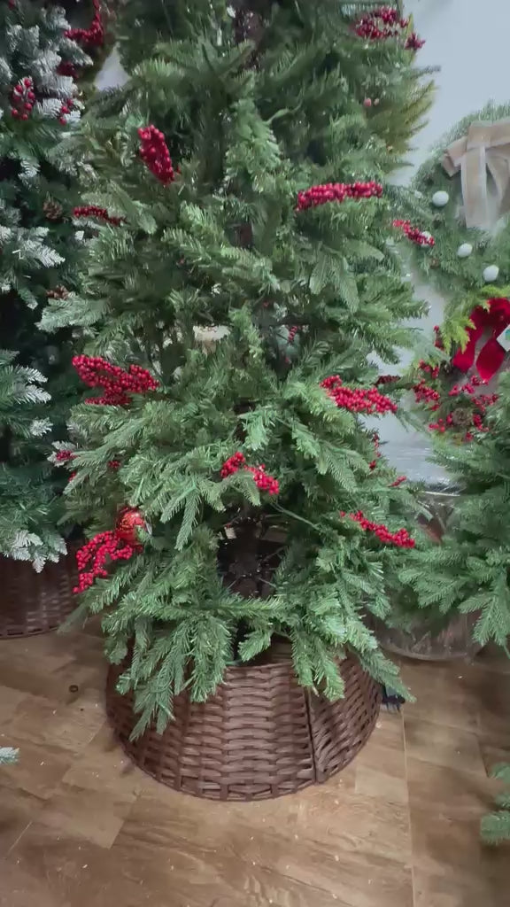 7ft Slim LED Christmas Tree with Red Berries & Wicker Basket – product showcase video 1