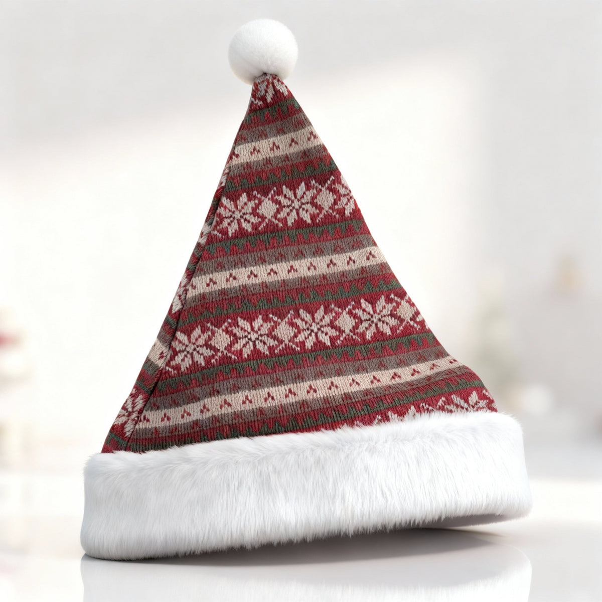 Red and White Nordic Striped Santa Hat With Pom Pom - 2