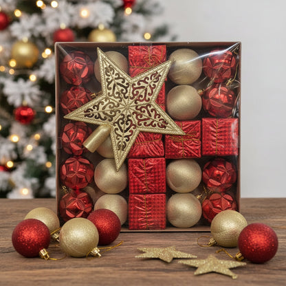 Red & Gold Christmas Ornament Set - Premium Holiday Decoration Collection with Tree Topper Star - 2