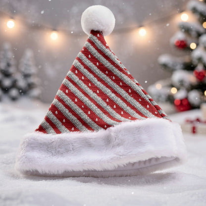 Red & Silver Striped Knit Christmas Santa Hat - 2