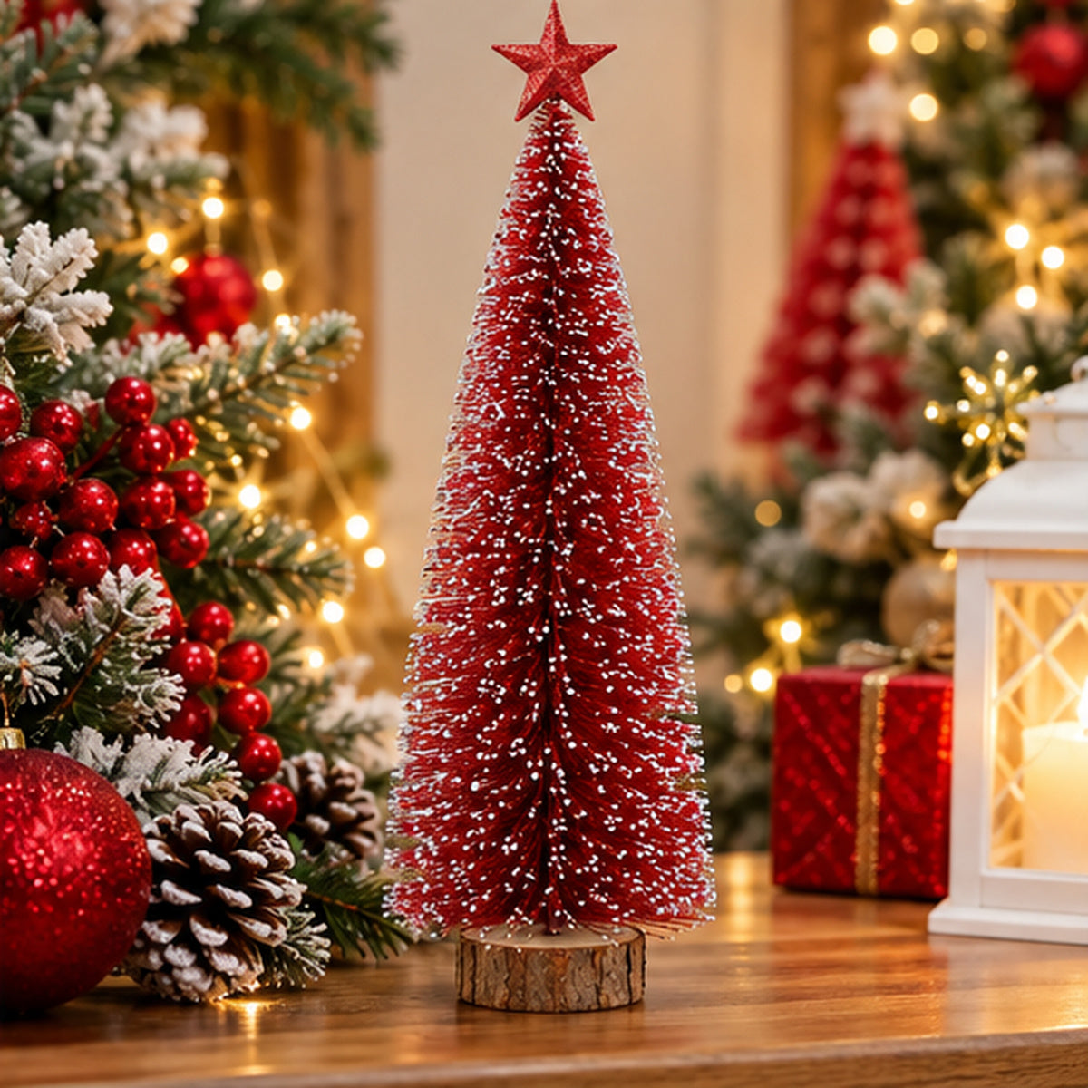 Red Snow-Frosted Bottle Brush Mini Christmas Tree with Star Topper – festive tabletop lifestyle display