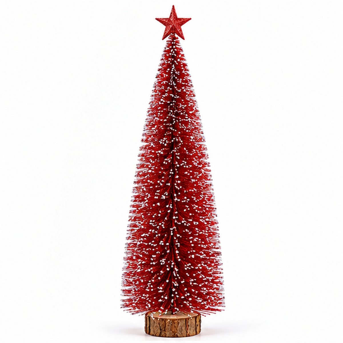 Red Snow-Frosted Bottle Brush Mini Christmas Tree with Star Topper – front view on white background