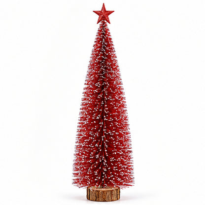 Red Snow-Frosted Bottle Brush Mini Christmas Tree with Star Topper – front view on white background
