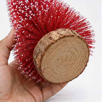 Red Snow-Frosted Bottle Brush Mini Christmas Tree with Star Topper – natural wood base scale view