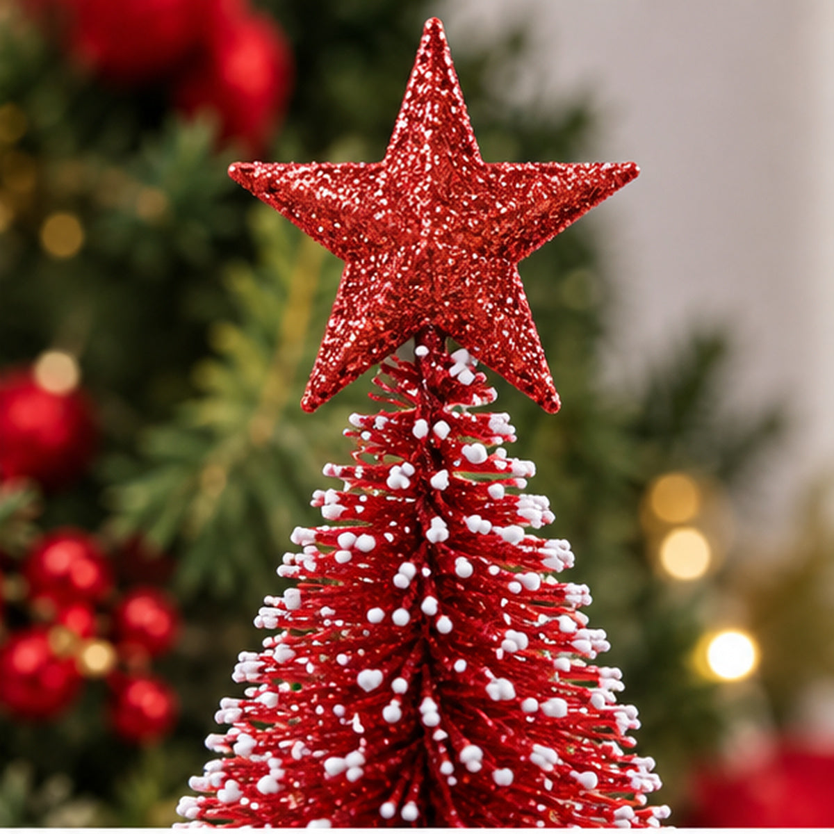 Red Snow-Frosted Bottle Brush Mini Christmas Tree with Star Topper – star topper and snowy bristles closeup