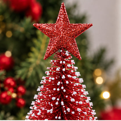 Red Snow-Frosted Bottle Brush Mini Christmas Tree with Star Topper – star topper and snowy bristles closeup