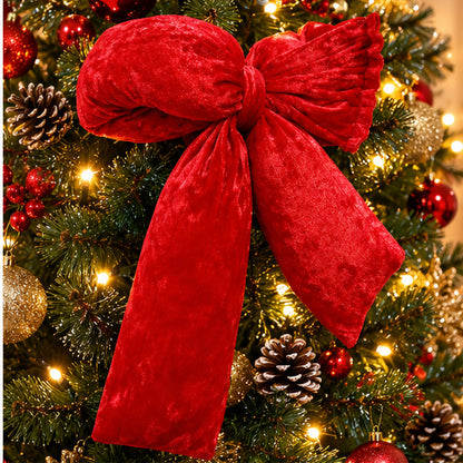 Red Velvet Puffy Christmas Bow Tree Topper & Holiday Decoration – styled on Christmas tree display