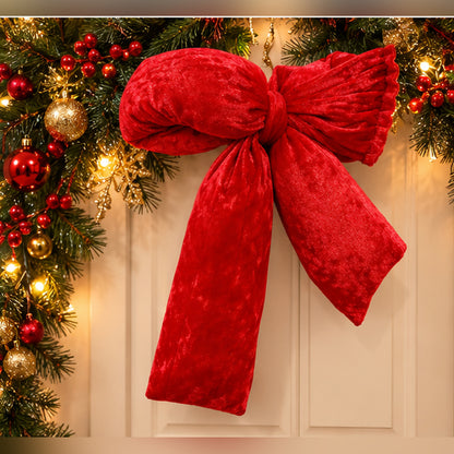 Red Velvet Puffy Christmas Bow Tree Topper & Holiday Decoration – festive door garland holiday display