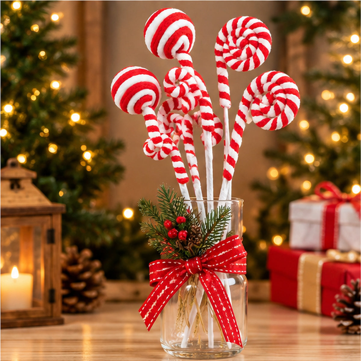 Red & White Peppermint Candy Christmas Tree Floral Pick Spray – festive holiday tabletop decor display