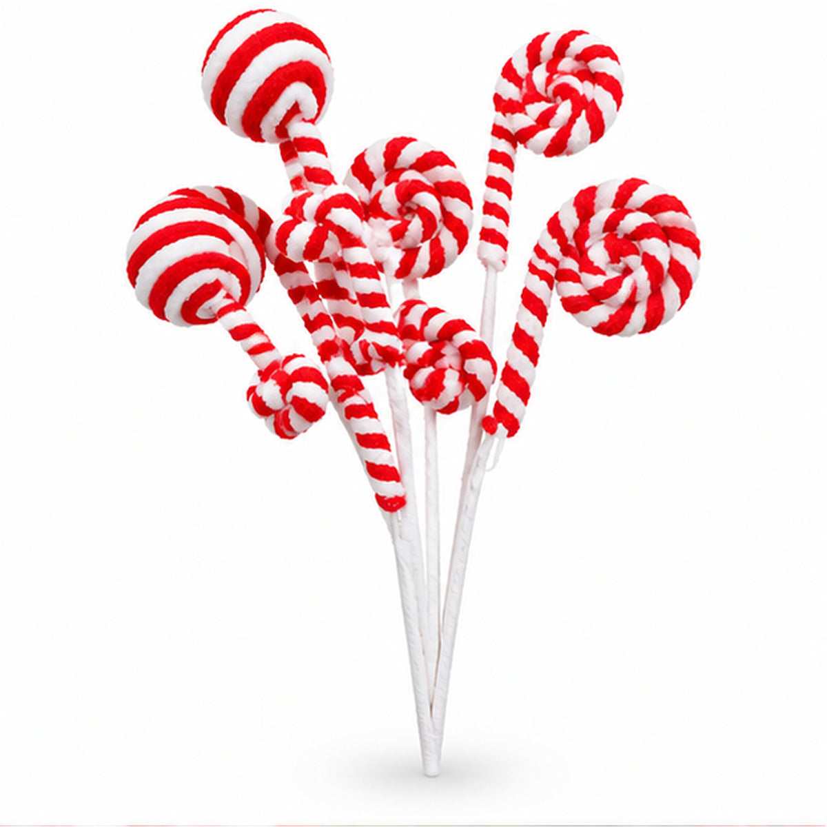 Red & White Peppermint Candy Christmas Tree Floral Pick Spray – front view on white background