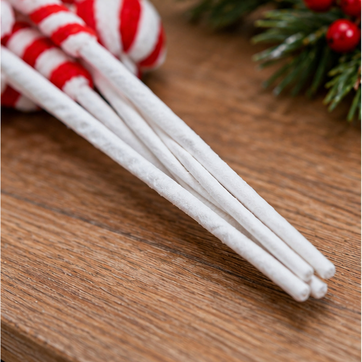 Red & White Peppermint Candy Christmas Tree Floral Pick Spray – flexible wrapped wire stem detail