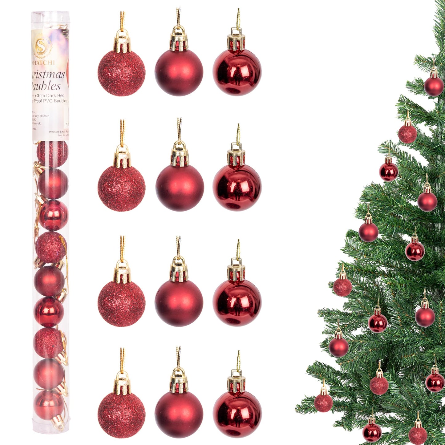 12 Pcs Red Color Christmas Baubles – Shatterproof Dark Grey Tree Decorations (3.5 cm)