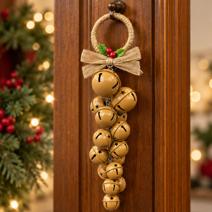 Rustic Red Metal Jingle Bells Christmas Door Hanging with Jute Bow – Antique Gold variant view