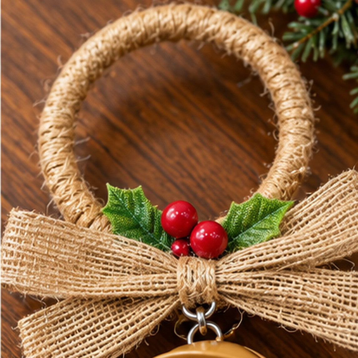 Rustic Red Metal Jingle Bells Christmas Door Hanging with Jute Bow – Antique Gold variant view