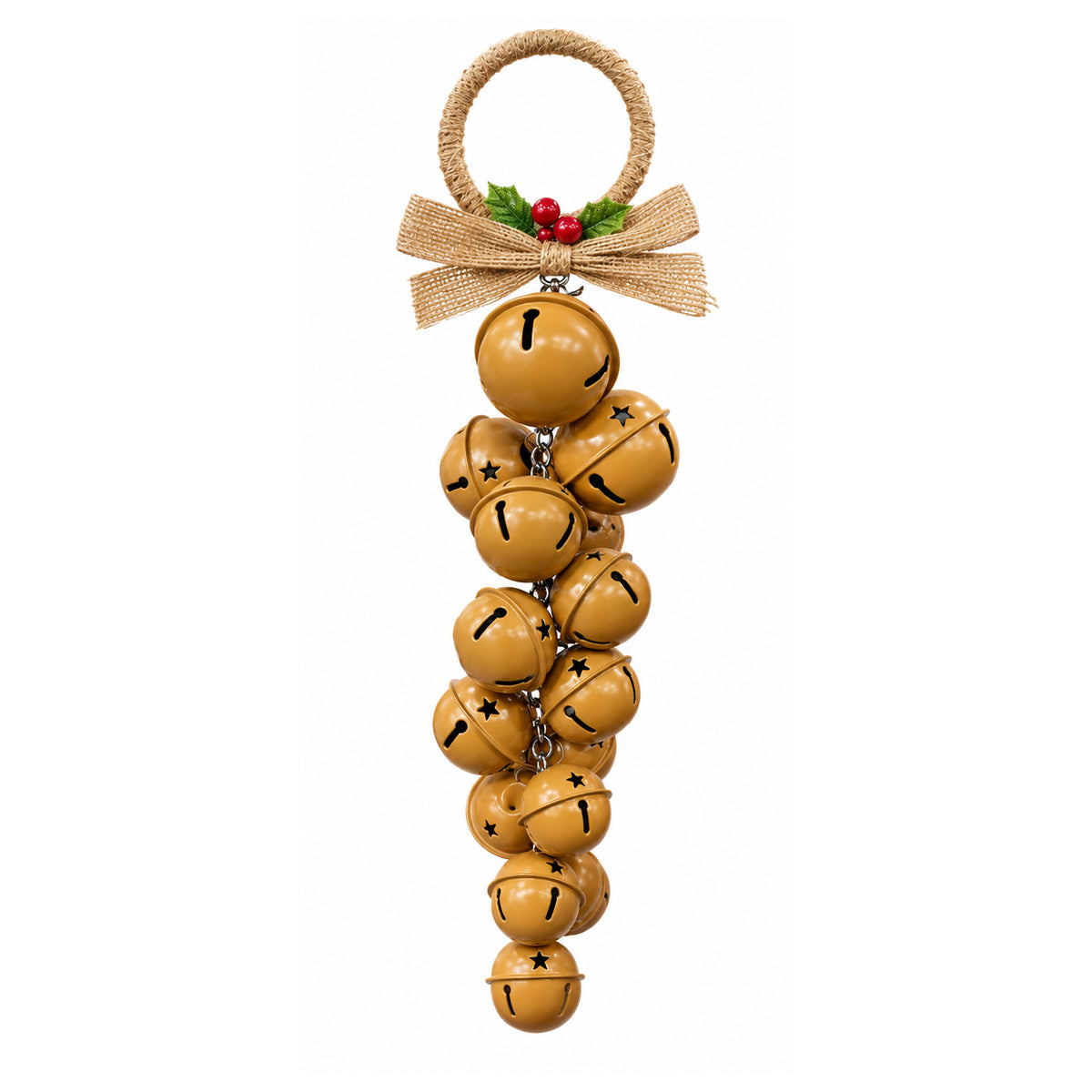Rustic Red Metal Jingle Bells Christmas Door Hanging with Jute Bow – Antique Gold variant view