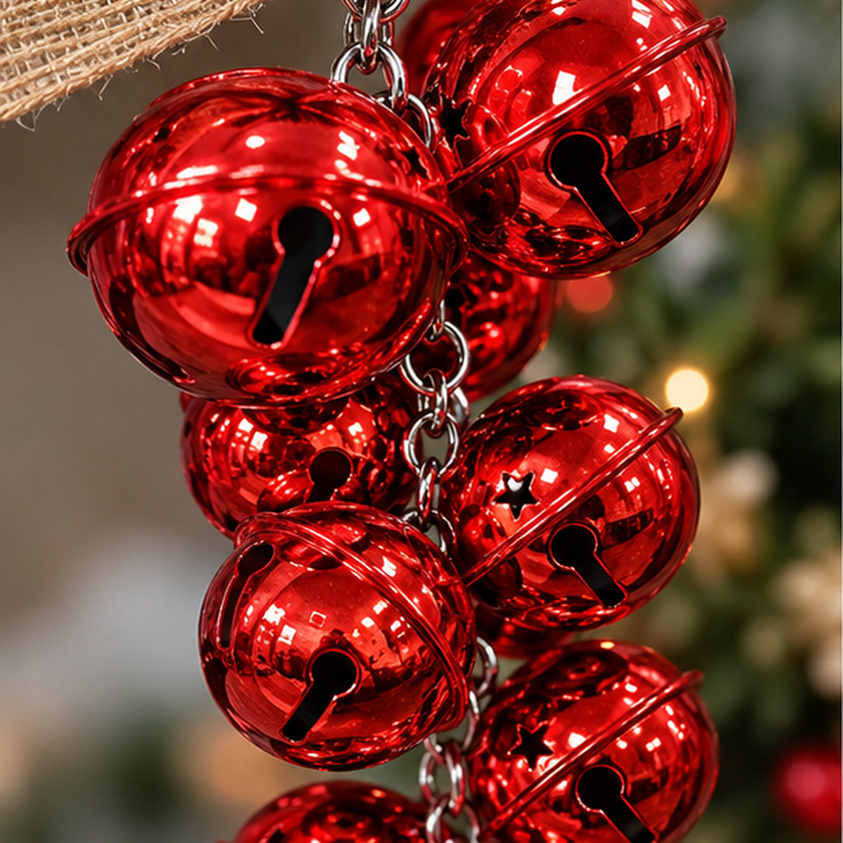 Rustic Red Metal Jingle Bells Christmas Door Hanging with Jute Bow – Rustic Red Metal Jingle Bells Christmas Door Hanging with Jute Bow – red metal bells closeup