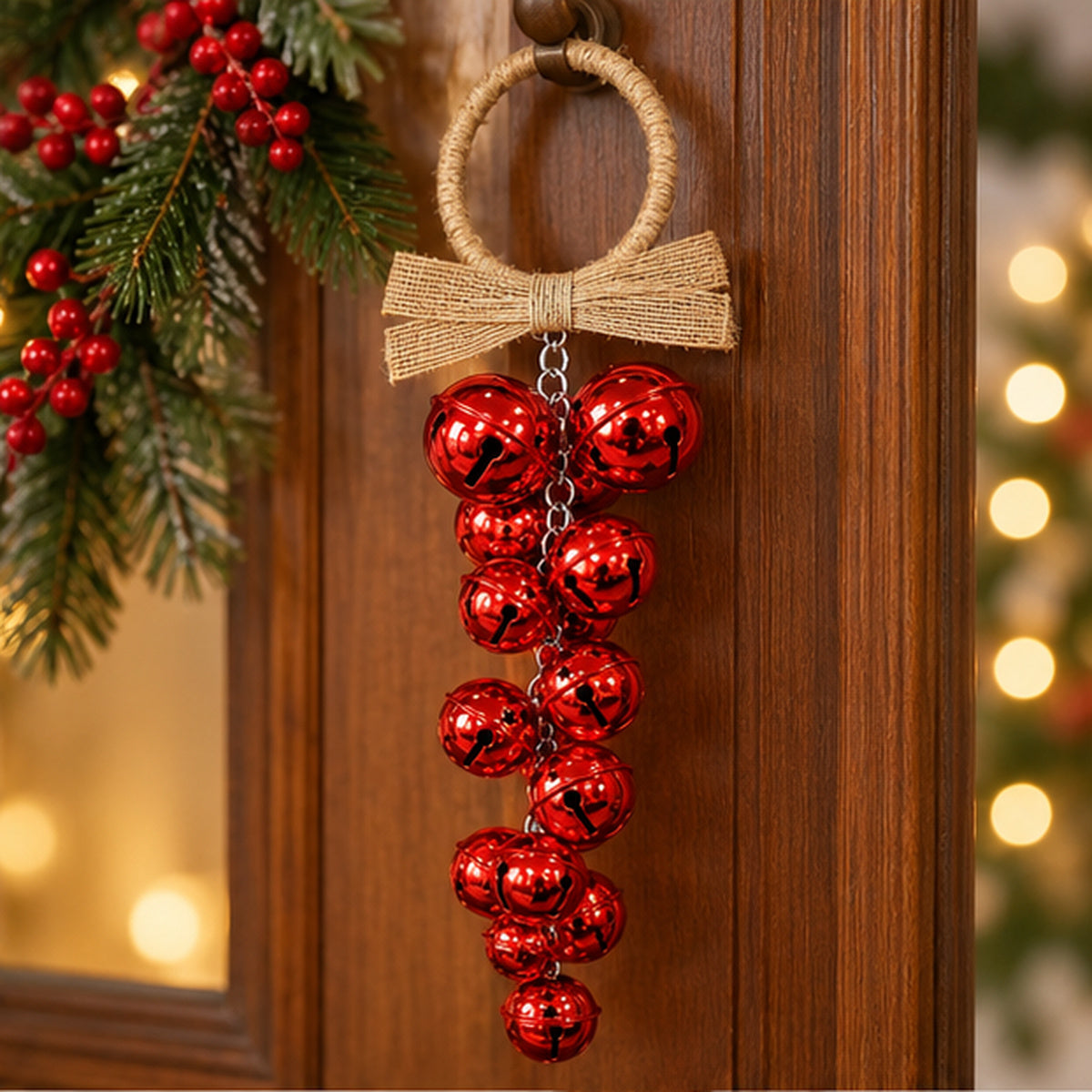 Rustic Gold Metal Jingle Bells Christmas Door Hanging with Jute Bow – Metallic Red variant view