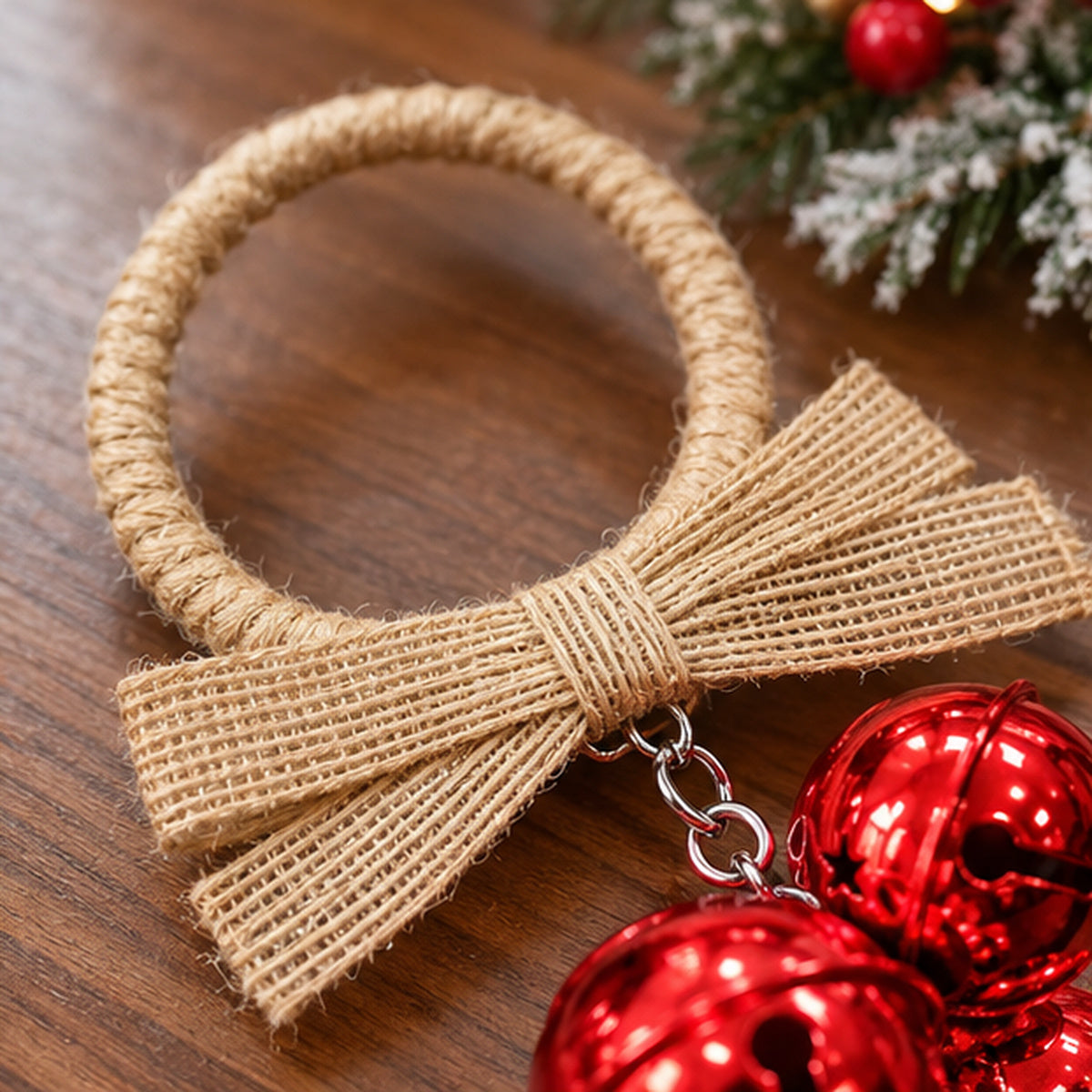 Rustic Red Metal Jingle Bells Christmas Door Hanging with Jute Bow – Rustic Red Metal Jingle Bells Christmas Door Hanging with Jute Bow – jute rope ring and bow detail