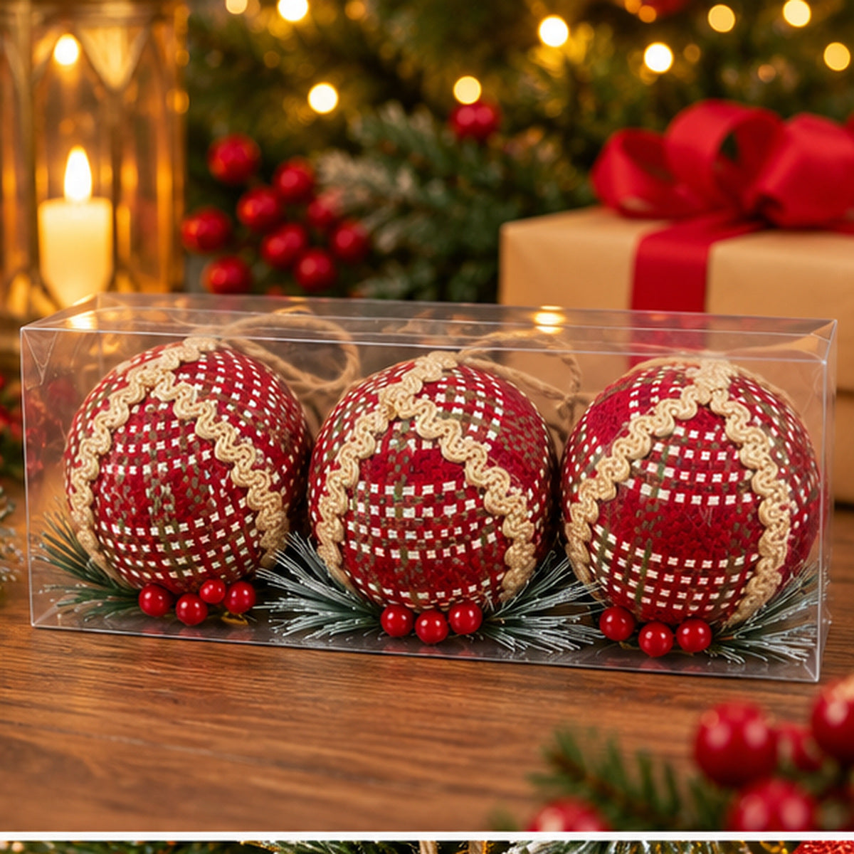 Rustic Red Woven Christmas Bauble Ornaments – Set of 3 – clear packaging festive gift display