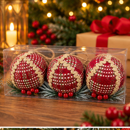 Rustic Red Woven Christmas Bauble Ornaments – Set of 3 – clear packaging festive gift display