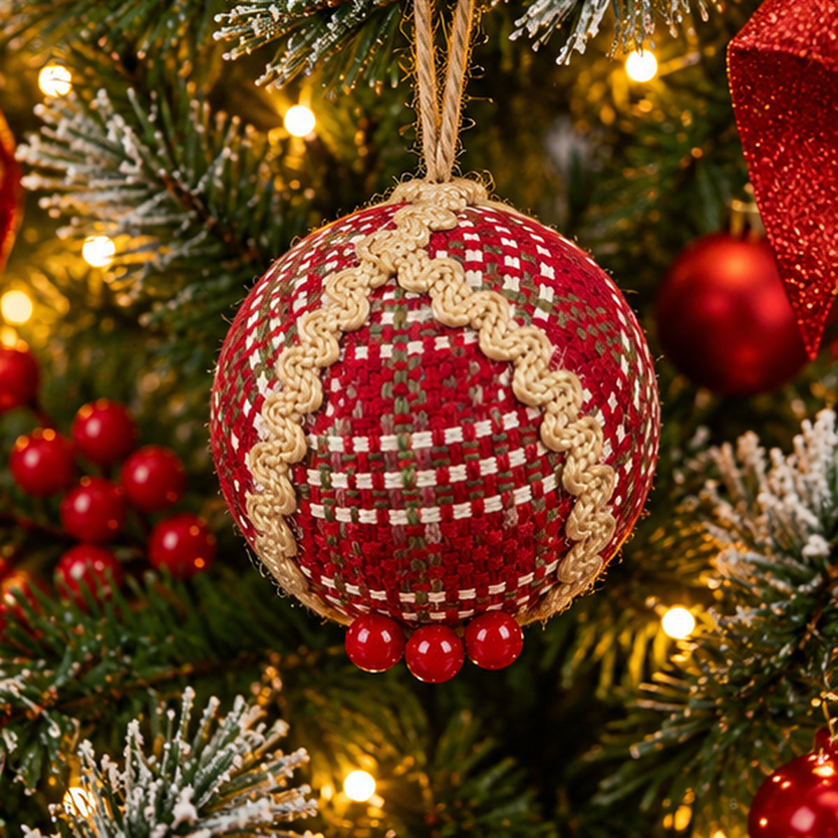 Rustic Red Woven Christmas Bauble Ornaments – Set of 3 – hanging on evergreen Christmas tree branch