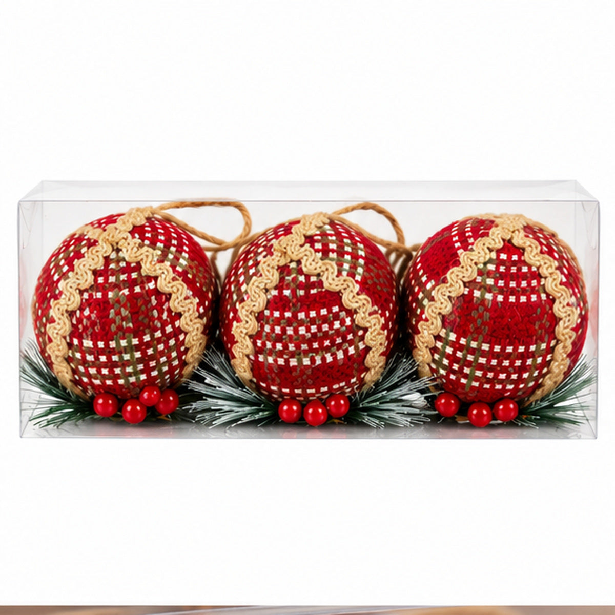 Rustic Red Woven Christmas Bauble Ornaments – Set of 3 – boxed set on white background