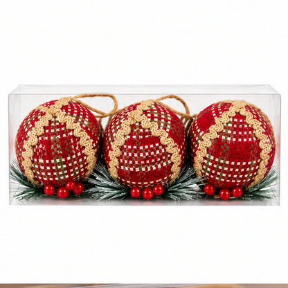 Rustic Red Woven Christmas Bauble Ornaments – Set of 3 – boxed set on white background