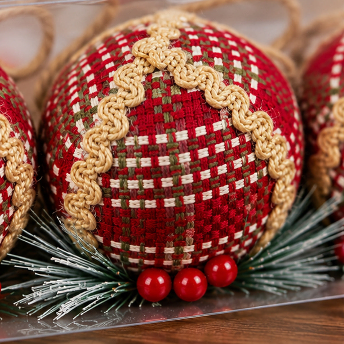 Rustic Red Woven Christmas Bauble Ornaments – Set of 3 – red woven fabric and braided trim closeup