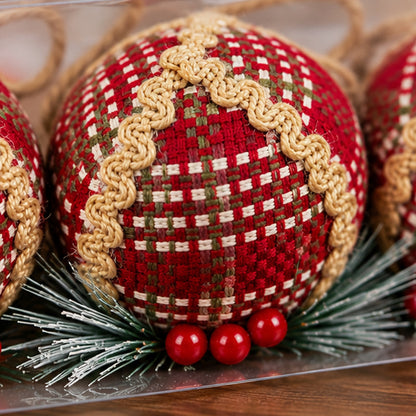 Rustic Red Woven Christmas Bauble Ornaments – Set of 3 – red woven fabric and braided trim closeup