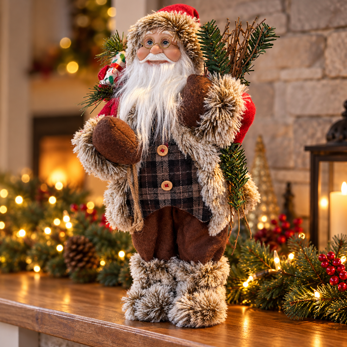 Rustic Santa Claus Christmas Figurine with Faux-Fur Trim – additional product view 3