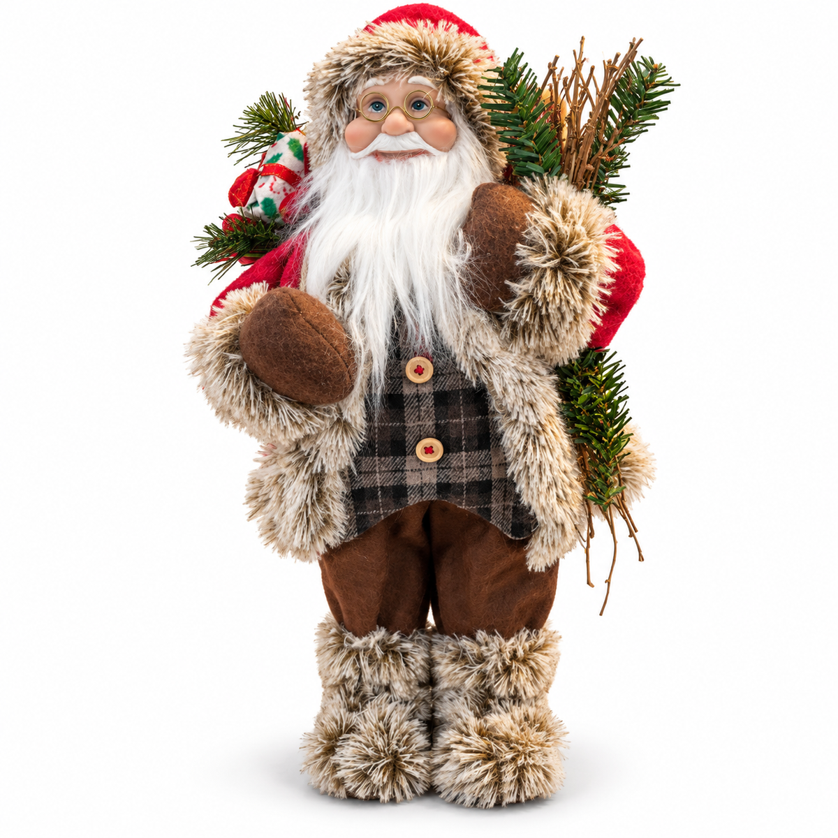 Rustic Santa Claus Christmas Figurine with Faux-Fur Trim – front view on white background