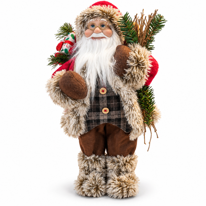 Rustic Santa Claus Christmas Figurine with Faux-Fur Trim – front view on white background