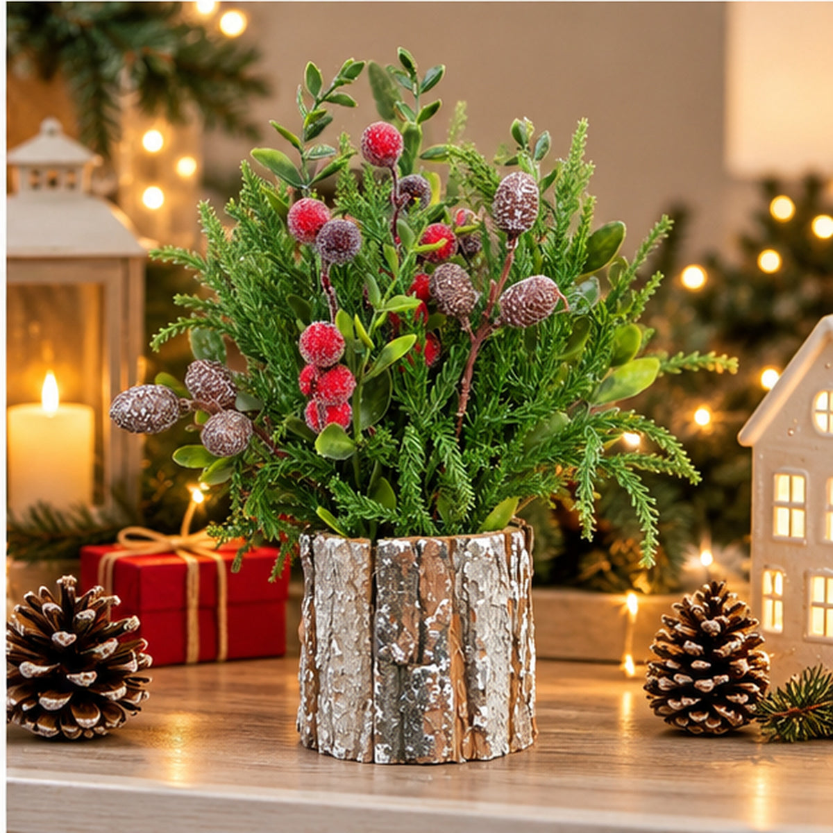 Rustic Tabletop Christmas Centerpiece with Frosted Berries in Bark Pot (33 cm) – festive tabletop holiday decor lifestyle display
