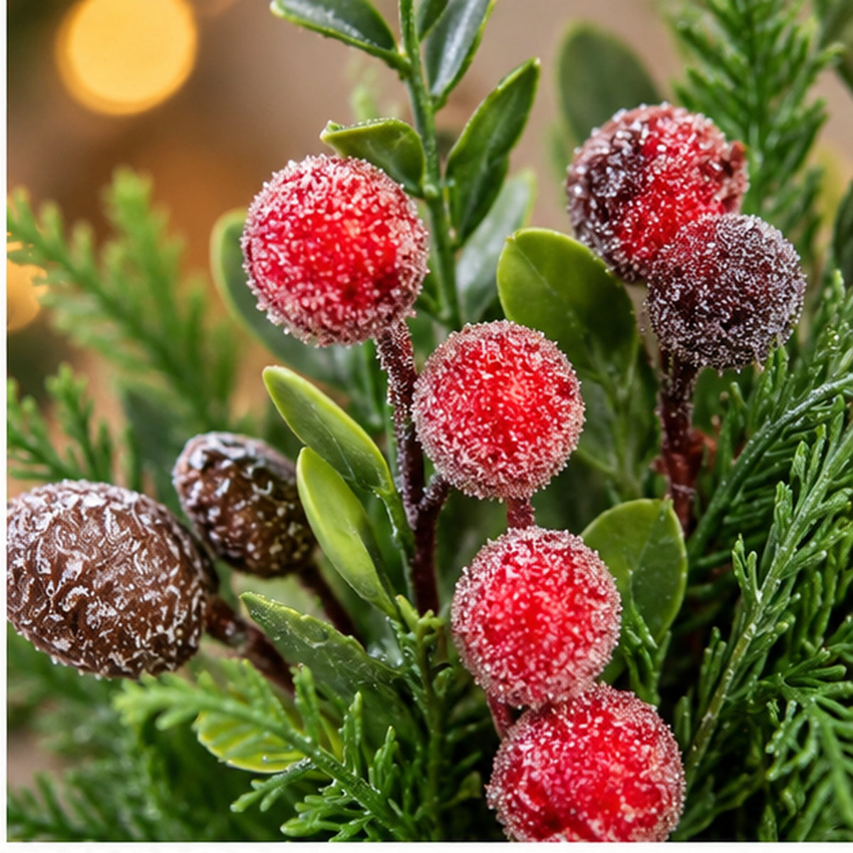 Rustic Tabletop Christmas Centerpiece with Frosted Berries in Bark Pot (33 cm) – frosted berries and evergreen foliage closeup