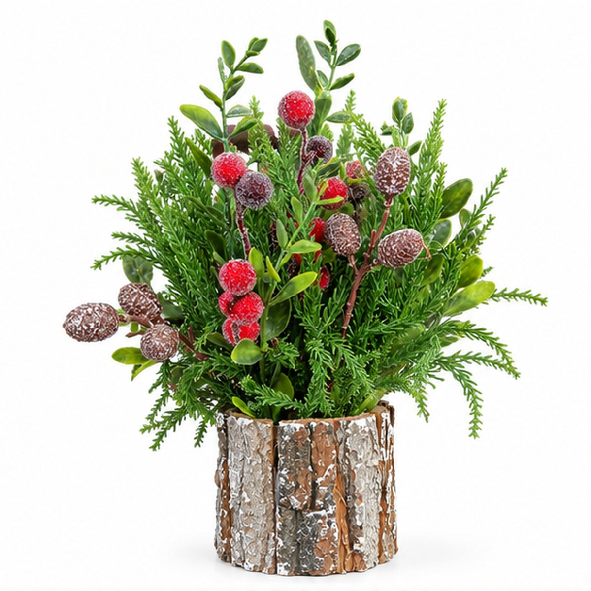 Rustic Tabletop Christmas Centerpiece with Frosted Berries in Bark Pot (33 cm) – front view on white background