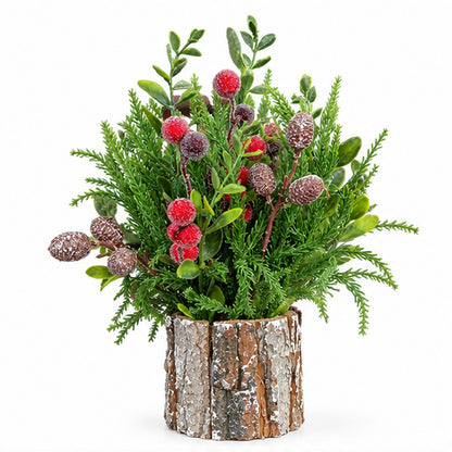 Rustic Tabletop Christmas Centerpiece with Frosted Berries in Bark Pot (33 cm) – front view on white background