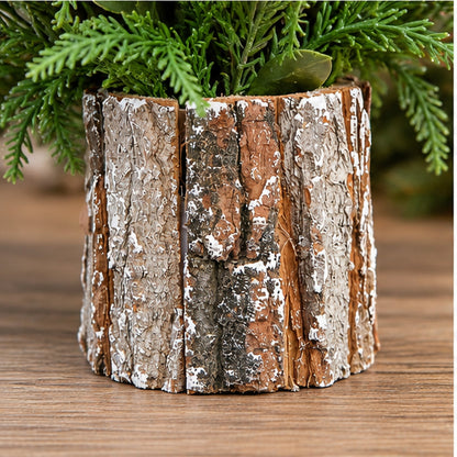 Rustic Tabletop Christmas Centerpiece with Frosted Berries in Bark Pot (33 cm) – natural rough-cut tree bark planter pot detail