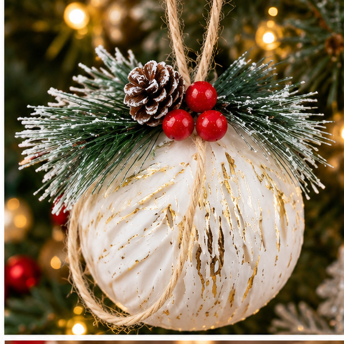 Rustic White & Gold Foil Christmas Baubles with Pinecones – Set of 3 – festive Christmas tree lifestyle display
