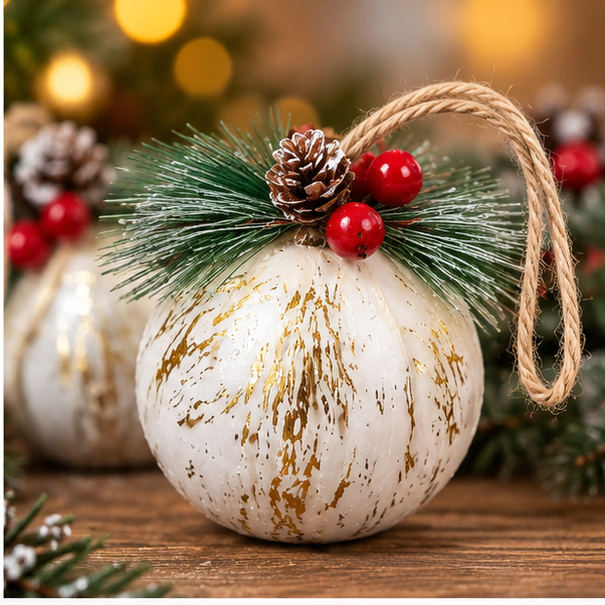 Rustic White & Gold Foil Christmas Baubles with Pinecones – Set of 3 – gold foil finish and red berry closeup