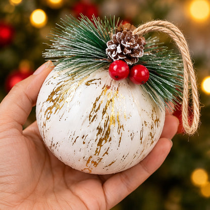 Rustic White & Gold Foil Christmas Baubles with Pinecones – Set of 3 – handheld scale view