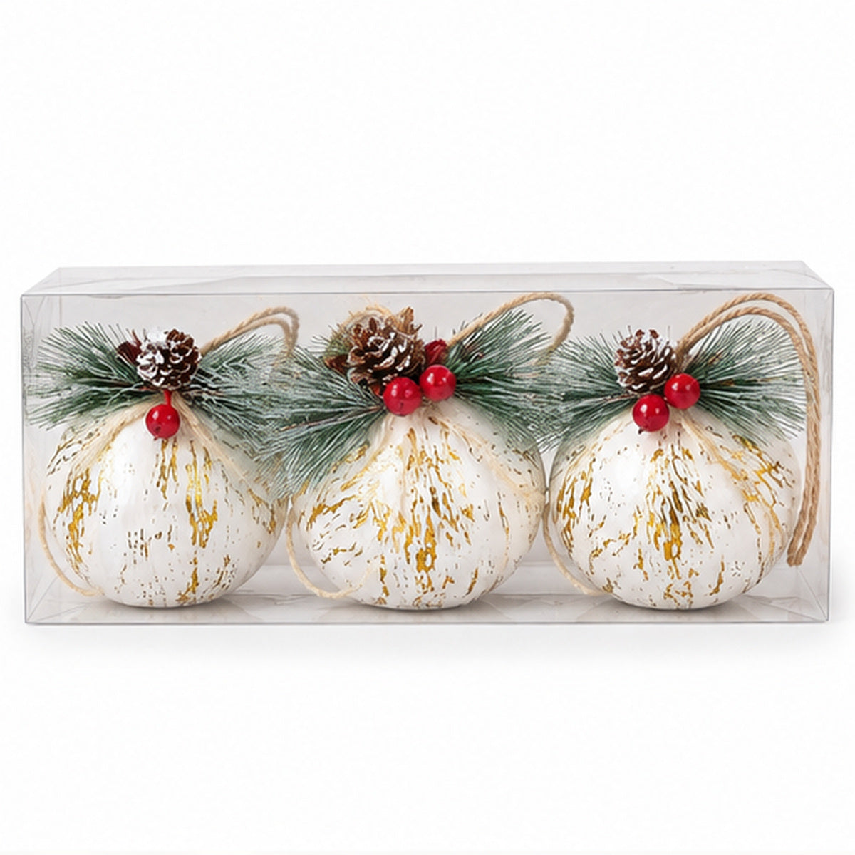 Rustic White & Gold Foil Christmas Baubles with Pinecones – Set of 3 – boxed set on white background