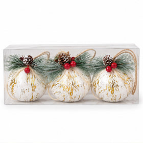 Rustic White & Gold Foil Christmas Baubles with Pinecones – Set of 3 – boxed set on white background