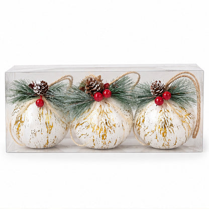 Rustic White & Gold Foil Christmas Baubles with Pinecones – Set of 3 – boxed set on white background