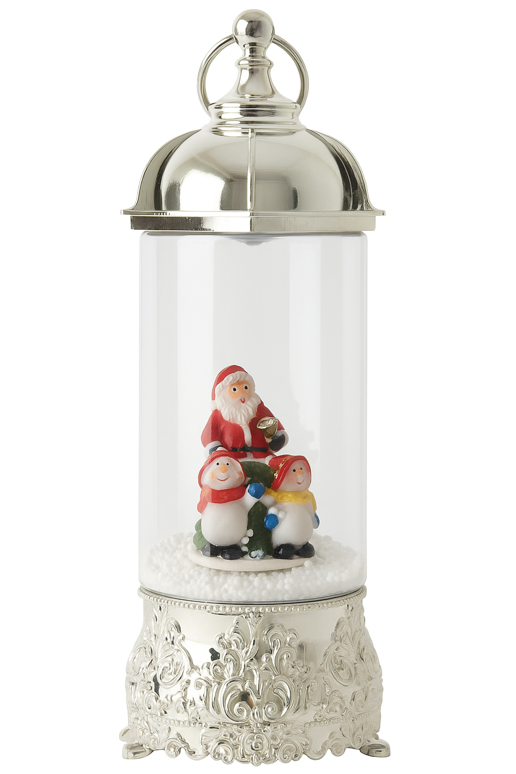 Silver Christmas Snow Globe Lantern with Santa & Snowmen – Snow Blower Effect