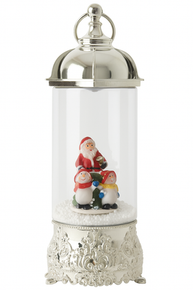 Silver Christmas Snow Globe Lantern with Santa & Snowmen – Snow Blower Effect